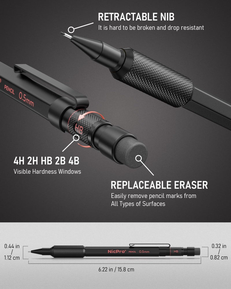 Nicpro 0.5 mm Mechanical Pencil Set with Case, 3PCS MP2000 Metal Artist Mechanical Pencil With 6 Tube HB Lead Refills, Eraser, Weatherproof Barrel for Outdoor Writing Drafting Drawing Sketching - Image 5