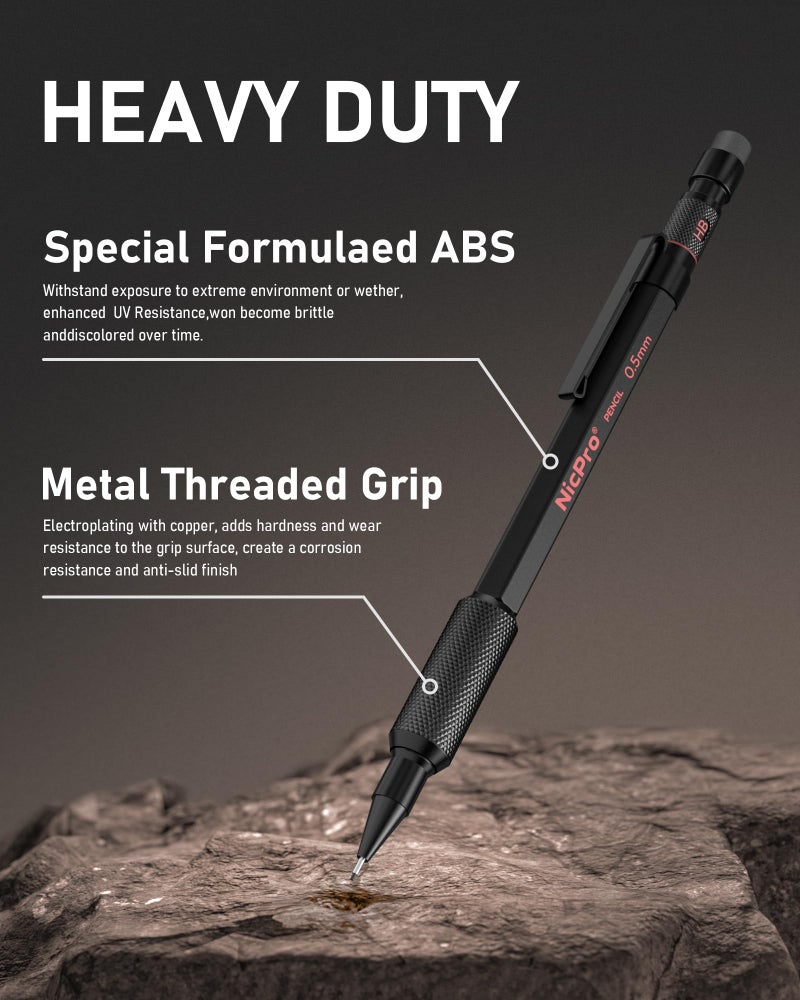 Nicpro 0.5 mm Mechanical Pencil Set with Case, 3PCS MP2000 Metal Artist Mechanical Pencil With 6 Tube HB Lead Refills, Eraser, Weatherproof Barrel for Outdoor Writing Drafting Drawing Sketching - Image 4