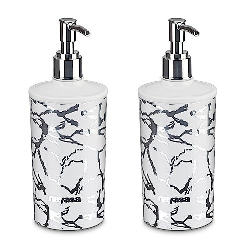 Nayasa Stylo Soap Dispenser Set of 2 | Classy Marble Finish with Foil Print | Liquid Soap Dispenser with Pump | Ideal for Handwash, Shampoo | Stylish & Durable | Perfect for Home, Bathroom | Silver - Image 1