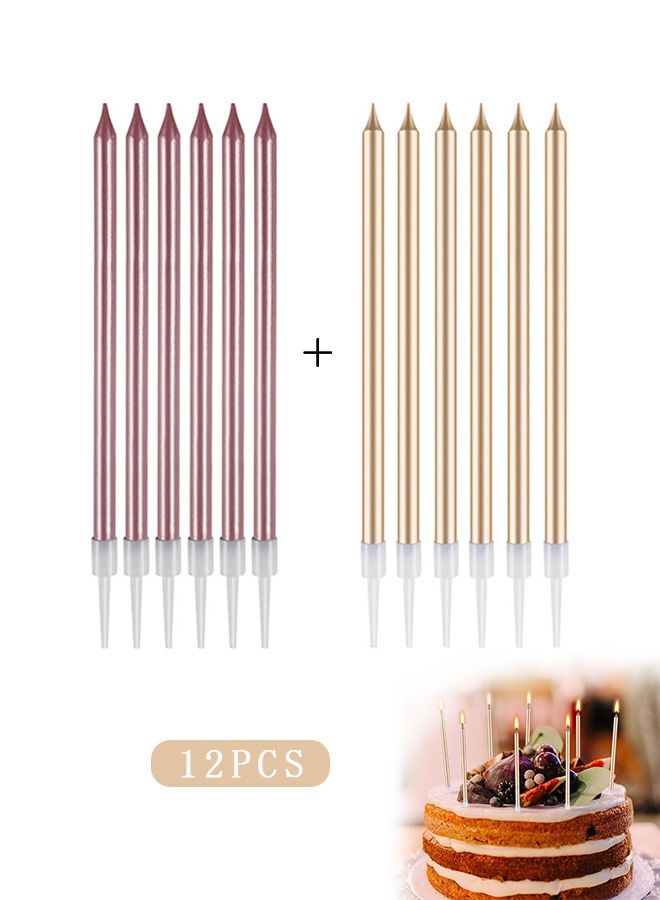 12 Pcs Electroplate Birthday Candles Set, Bio Degradable Long Thin Candles with Holders, Party Candles for Birthday Cakes Cupcake (Gold+Pink)  - Image 1