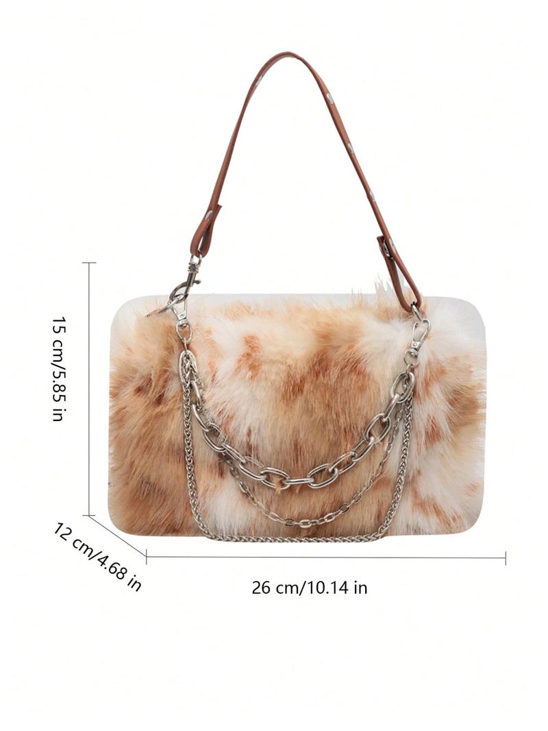 MakeMeChic Women's Faux Fur Hobo Bag Top Handle Fuzzy Shoulder Handbags Plush Square Bags Purse Brown One-Size - Image 4