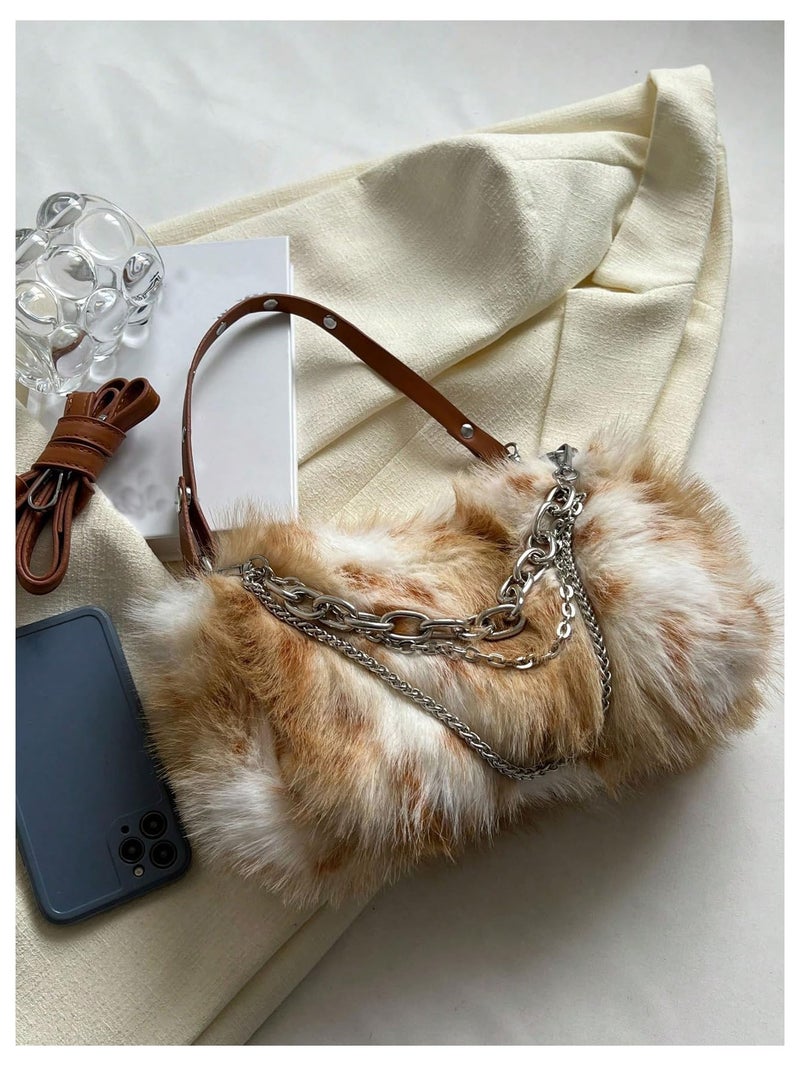 MakeMeChic Women's Faux Fur Hobo Bag Top Handle Fuzzy Shoulder Handbags Plush Square Bags Purse Brown One-Size - Image 3