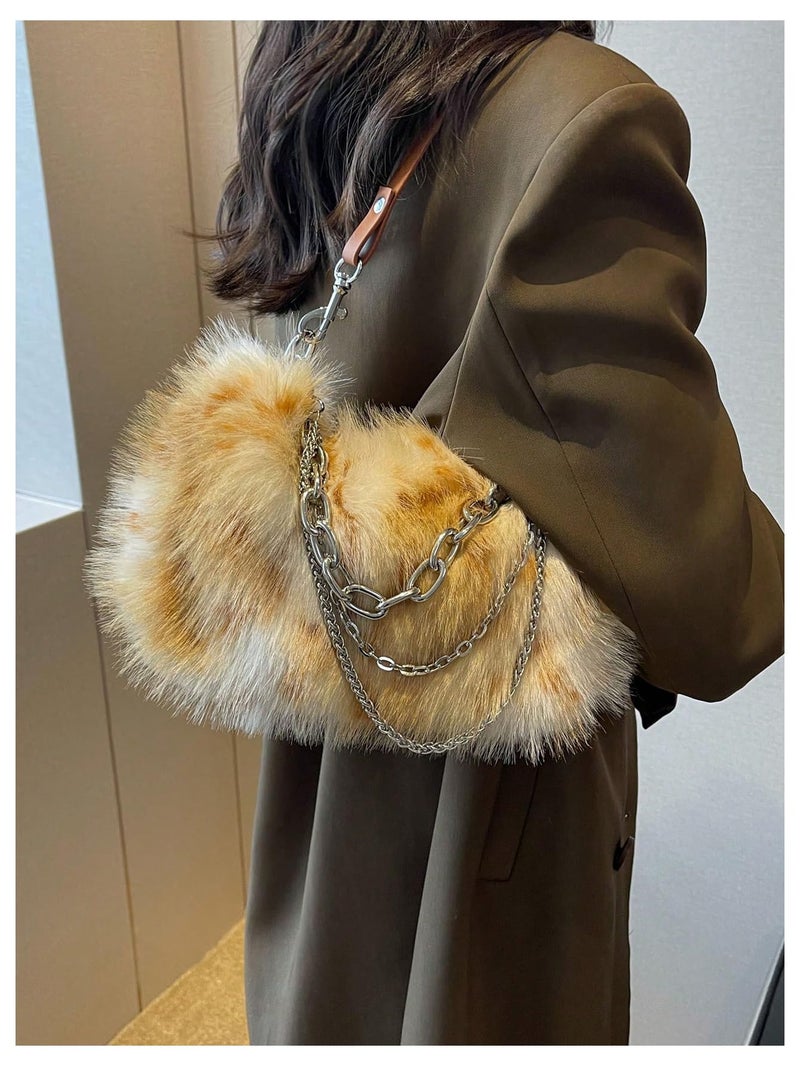MakeMeChic Women's Faux Fur Hobo Bag Top Handle Fuzzy Shoulder Handbags Plush Square Bags Purse Brown One-Size - Image 2