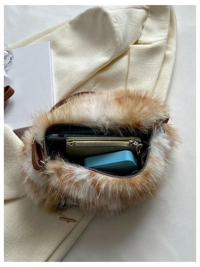 MakeMeChic Women's Faux Fur Hobo Bag Top Handle Fuzzy Shoulder Handbags Plush Square Bags Purse Brown One-Size - Image 5