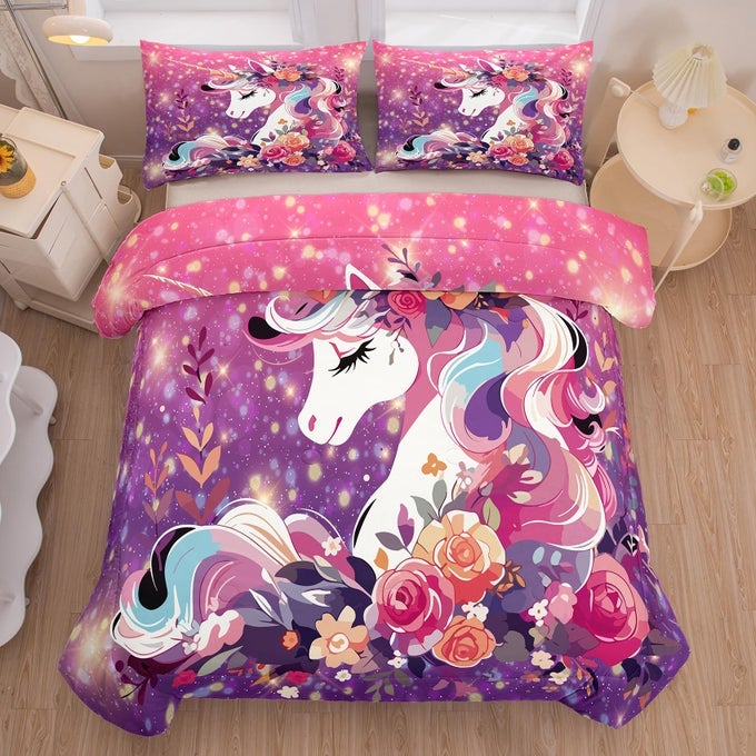 KIDS BEDDING SET FOR GIRLS UNICORN COMFORTER SET FULL GIRLS BEDDING SETS ALL SEASON WITH 2 PILLOWCASE