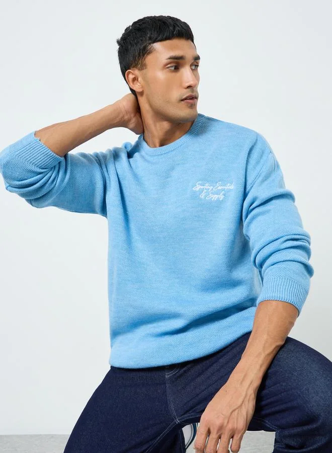 Styli Light Blue Men Light Blue Embroidered Knitted Sweater for Men | Best Price UAE