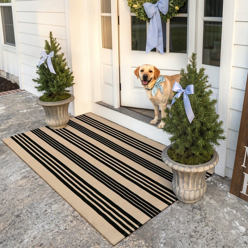 KIMODE Striped Outdoor Rug 3'x 5',Washable Reversible Striped Outdoor Patio Rugs,Cotton Hand Woven Farmhouse Welcome Layered Door Mats for Front Door Entryway Porch Spring Decor Black and Khaki - Image 1