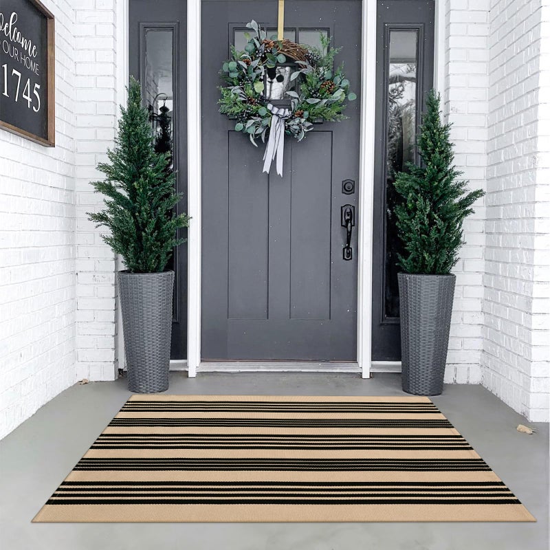 KIMODE Striped Outdoor Rug 3'x 5',Washable Reversible Striped Outdoor Patio Rugs,Cotton Hand Woven Farmhouse Welcome Layered Door Mats for Front Door Entryway Porch Spring Decor Black and Khaki - Image 2