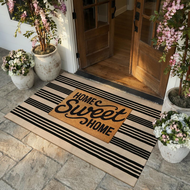 KIMODE Striped Outdoor Rug 3'x 5',Washable Reversible Striped Outdoor Patio Rugs,Cotton Hand Woven Farmhouse Welcome Layered Door Mats for Front Door Entryway Porch Spring Decor Black and Khaki - Image 3