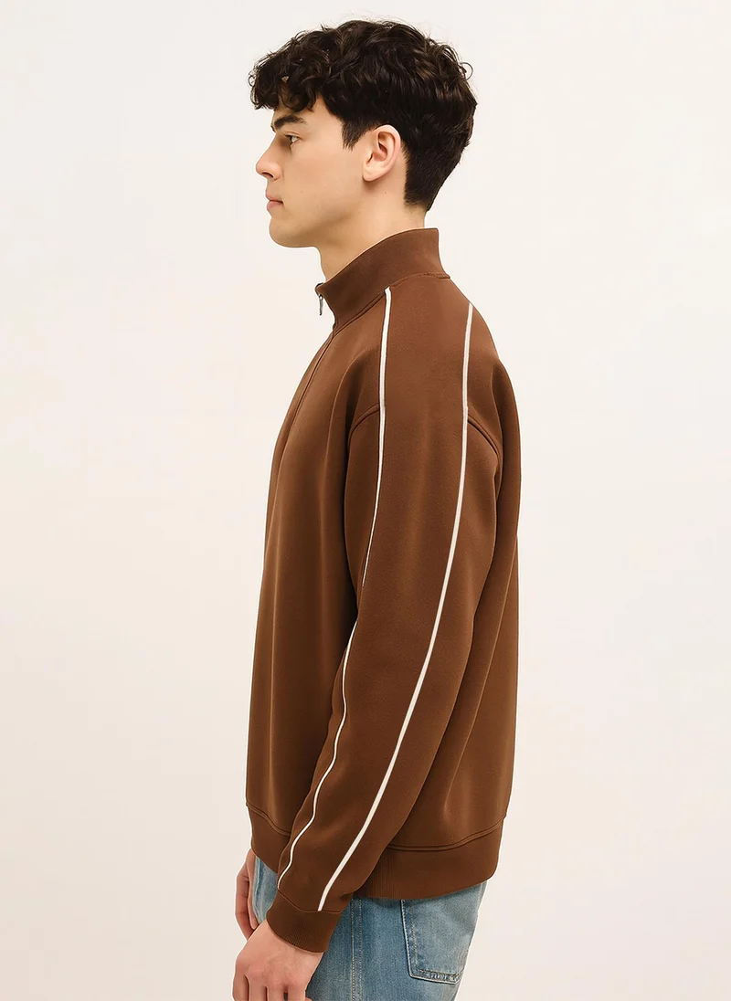 Maniac Maniac Mens Printed Dare High Neck Full Sleeve Brown Fleece Sweatshirt