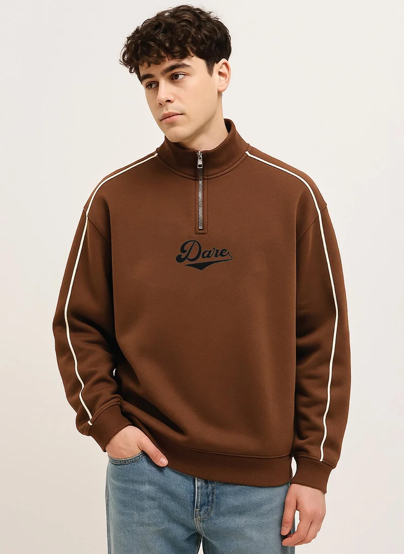 Maniac Maniac Mens Printed Dare High Neck Full Sleeve Brown Fleece Sweatshirt