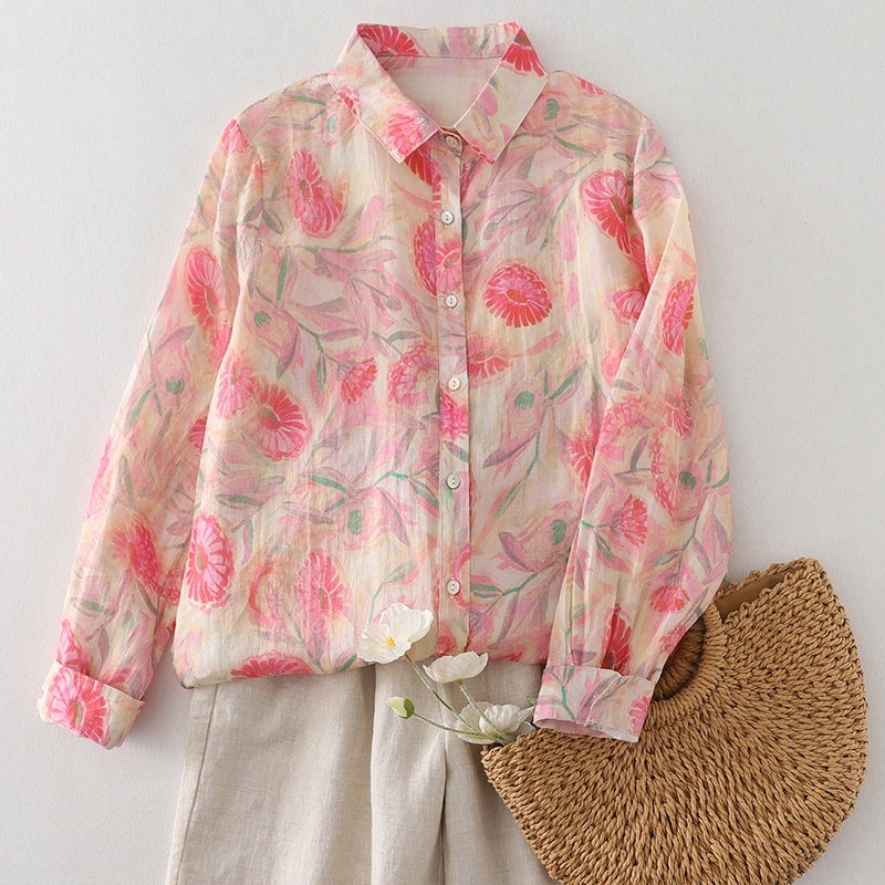 Autumn New Pink Floral Shirt Women'S Hemp Small Shirt French Artistic Printed Shirt All-Match Cardigan Top - Image 2