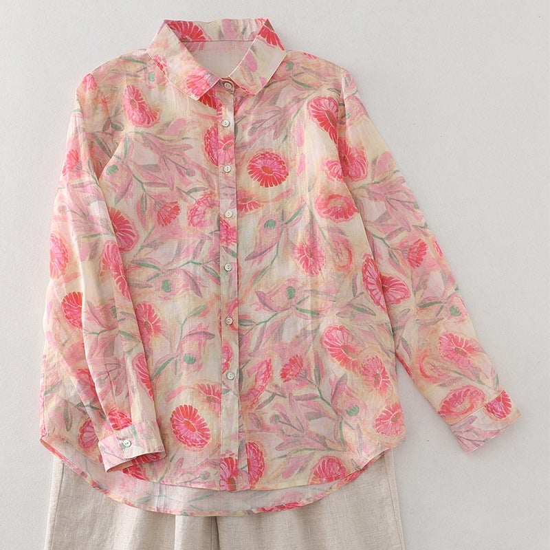 Autumn New Pink Floral Shirt Women'S Hemp Small Shirt French Artistic Printed Shirt All-Match Cardigan Top - Image 3