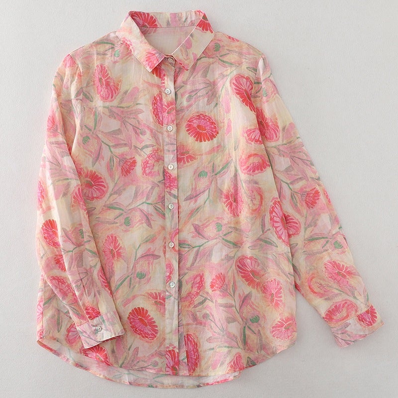 Autumn New Pink Floral Shirt Women'S Hemp Small Shirt French Artistic Printed Shirt All-Match Cardigan Top - Image 4