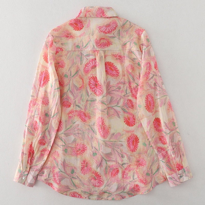 Autumn New Pink Floral Shirt Women'S Hemp Small Shirt French Artistic Printed Shirt All-Match Cardigan Top - Image 5