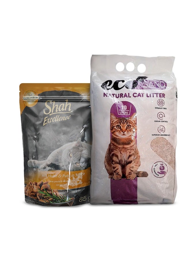 شاه طعام القطط شاه بالدجاج والديك الرومي في صوص 85 جم + رمل القطط إيكو ساند برائحة اللافندر 10 لتر – باقة مميزة