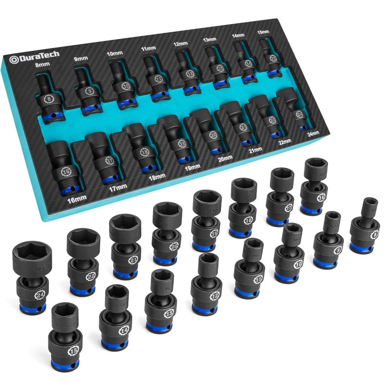 DURATECH 3/8" Drive Impact Universal Joint Socket Set, Swivel Socket Set, 16-Piece, Metric, 8-24MM, Cr-Mo Steel, Organized in EVA Foam Organizer - Image 1