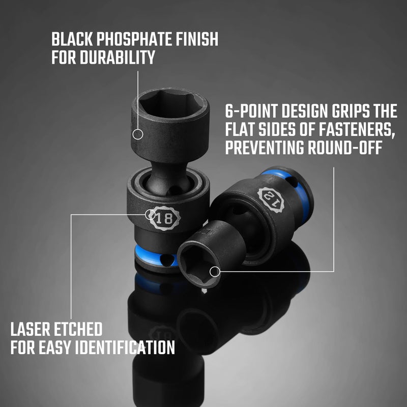 DURATECH 3/8" Drive Impact Universal Joint Socket Set, Swivel Socket Set, 16-Piece, Metric, 8-24MM, Cr-Mo Steel, Organized in EVA Foam Organizer - Image 3