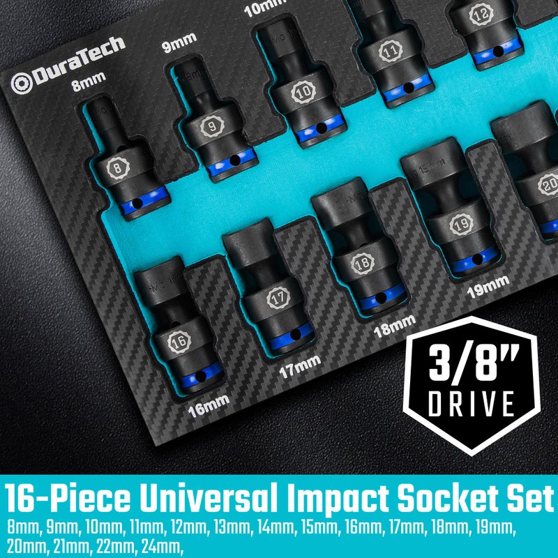 DURATECH 3/8" Drive Impact Universal Joint Socket Set, Swivel Socket Set, 16-Piece, Metric, 8-24MM, Cr-Mo Steel, Organized in EVA Foam Organizer - Image 5