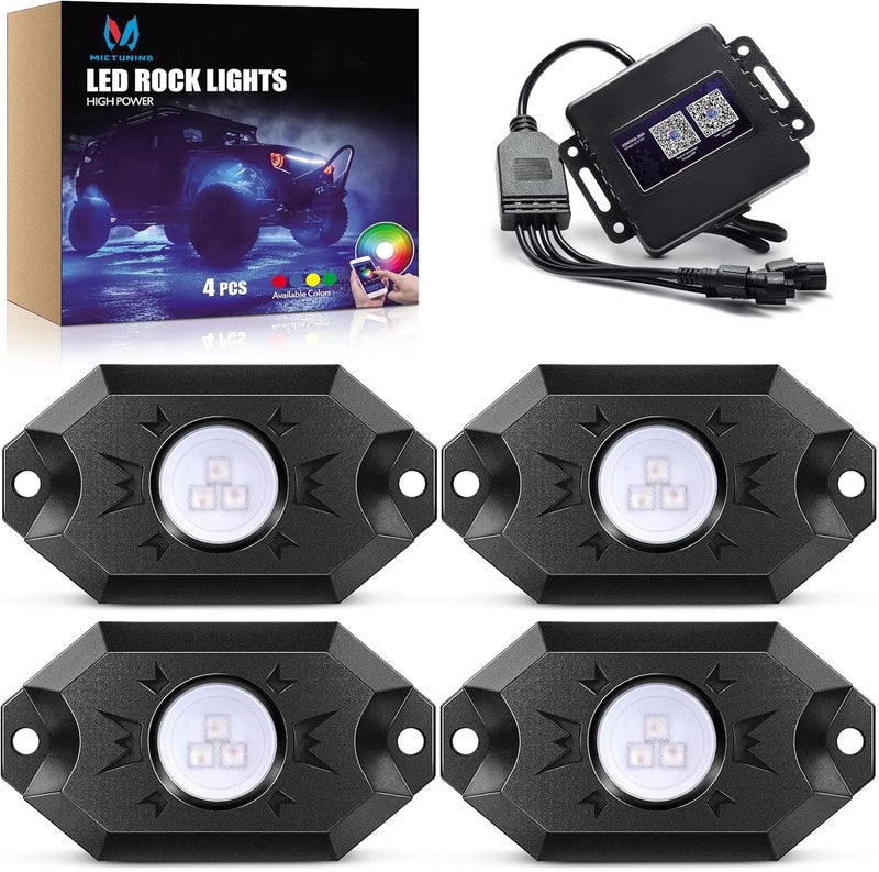 MICTUNING 2025 Upgraded CM RGB Rock Lights with APP Bluetooth Controller, Timing Function, Music Mode - 4 Pods Multicolor Neon Light Kit - Image 1