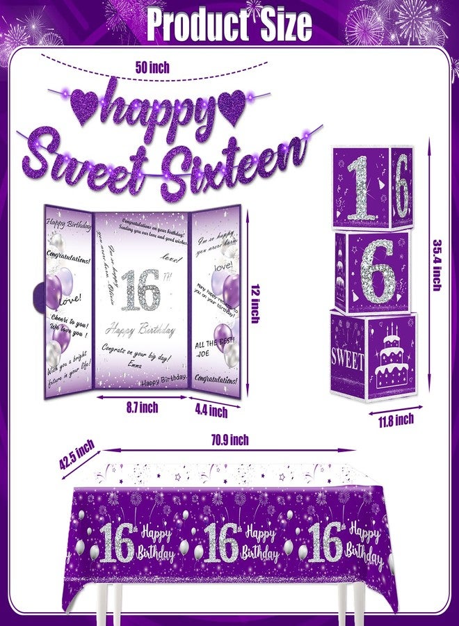 cocomigo 104pcs Sweet 16 Birthday Decorations for Girls, Purple Sweet 16 Party Decorations include Banner Balloons Balloons Box Tiara Sash Caketopper Guest Book Tablecloth Foil Fringe Curtain - Image 3