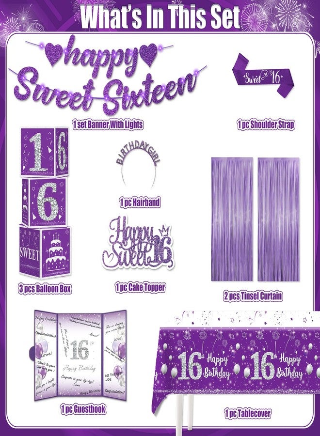 cocomigo 104pcs Sweet 16 Birthday Decorations for Girls, Purple Sweet 16 Party Decorations include Banner Balloons Balloons Box Tiara Sash Caketopper Guest Book Tablecloth Foil Fringe Curtain - Image 2