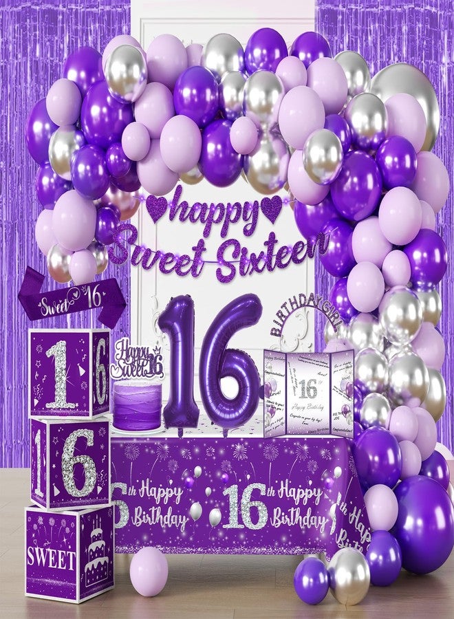 cocomigo 104pcs Sweet 16 Birthday Decorations for Girls, Purple Sweet 16 Party Decorations include Banner Balloons Balloons Box Tiara Sash Caketopper Guest Book Tablecloth Foil Fringe Curtain - Image 1