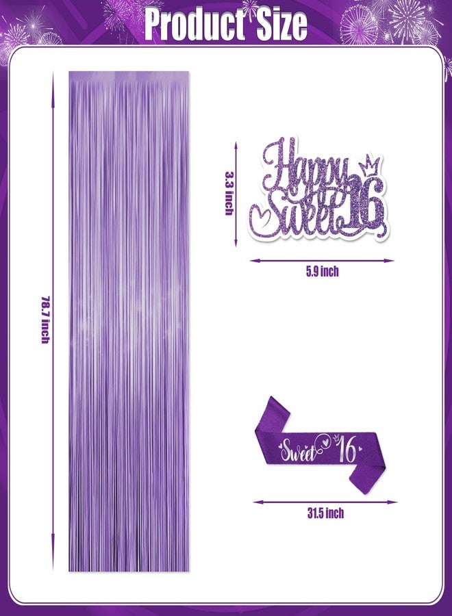 cocomigo 104pcs Sweet 16 Birthday Decorations for Girls, Purple Sweet 16 Party Decorations include Banner Balloons Balloons Box Tiara Sash Caketopper Guest Book Tablecloth Foil Fringe Curtain - Image 4