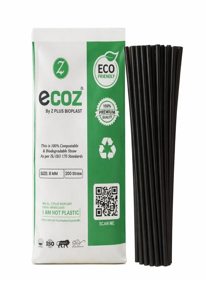 Biodegradable Compostable Drinking Straws (8mm, Black) Individually Wrapped Hygienic Cold Drink & Juice Straws, Food Grade Straight Eco-Friendly Straws for Home, Cafes & Restaurants (200 Count)