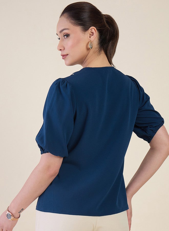 WineRed Blue Peter Pan Collar Puff Sleeve Crepe Shirt - Image 4