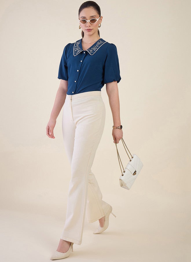 WineRed Blue Peter Pan Collar Puff Sleeve Crepe Shirt - Image 5