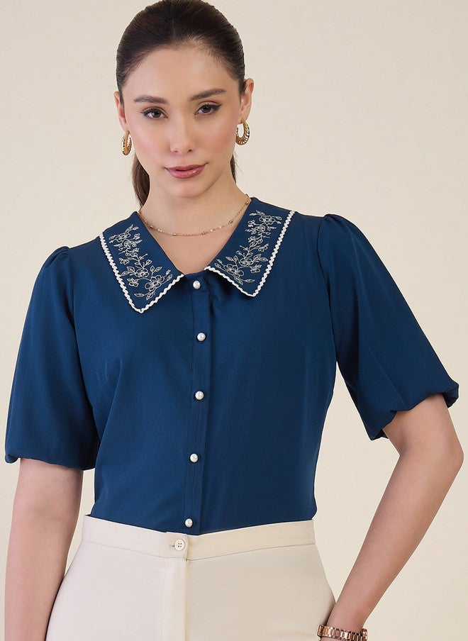 WineRed Blue Peter Pan Collar Puff Sleeve Crepe Shirt - Image 1
