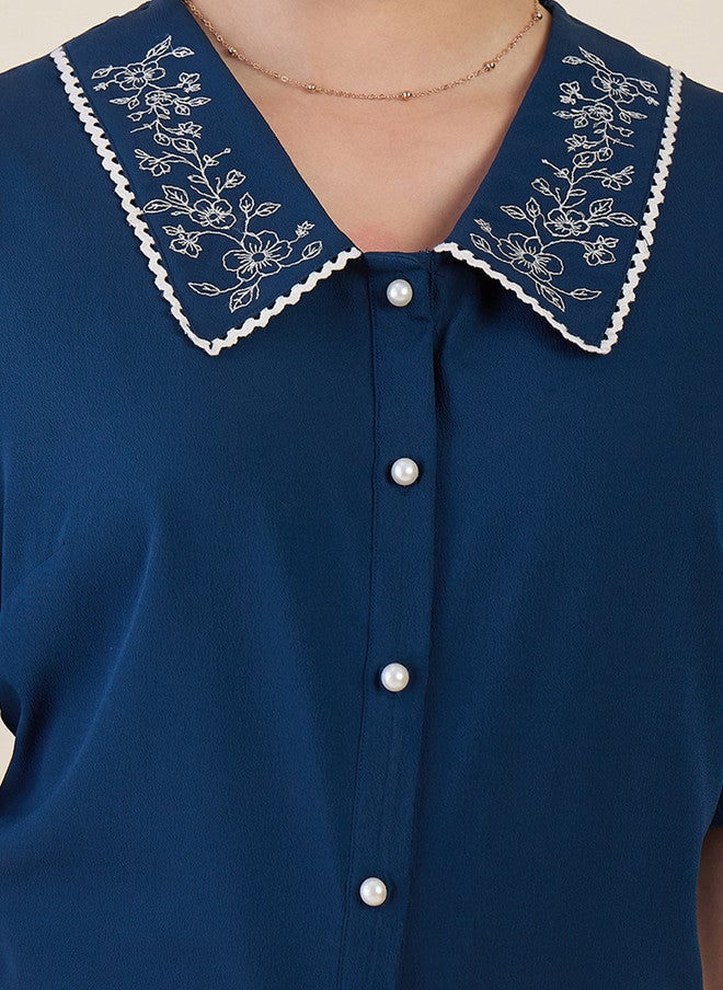 WineRed Blue Peter Pan Collar Puff Sleeve Crepe Shirt - Image 2