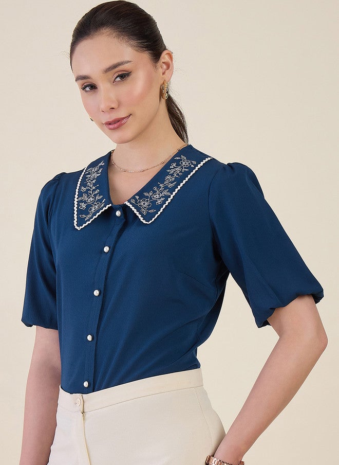 WineRed Blue Peter Pan Collar Puff Sleeve Crepe Shirt - Image 3