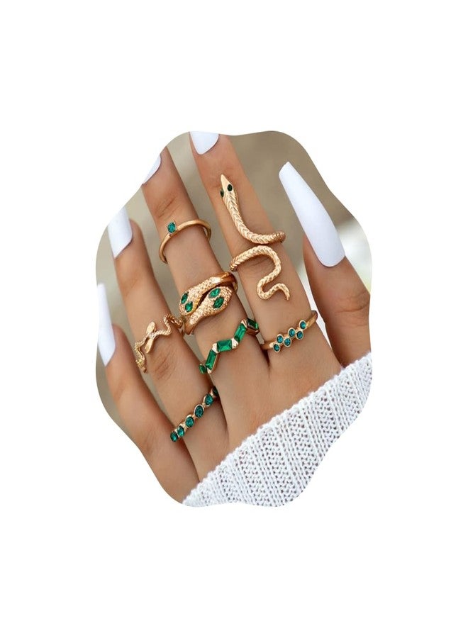 Chargances 7pcs Vintage Gold Snake Knuckle Rings Set Boho Green Rhinestone Finger Rings Stackable Gemstone Joint Rings for Women(Style 3) - Image 1