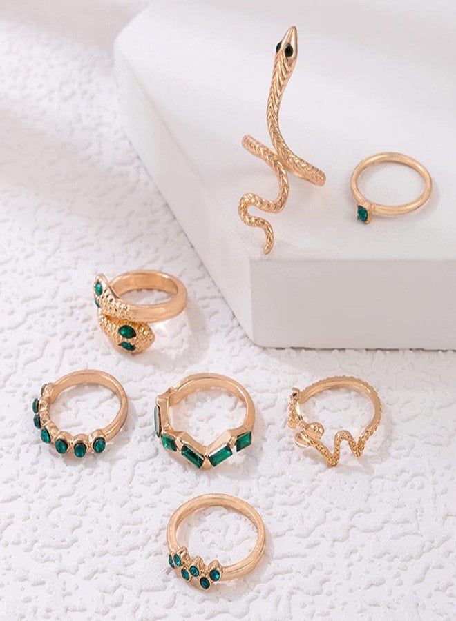 Chargances 7pcs Vintage Gold Snake Knuckle Rings Set Boho Green Rhinestone Finger Rings Stackable Gemstone Joint Rings for Women(Style 3) - Image 4