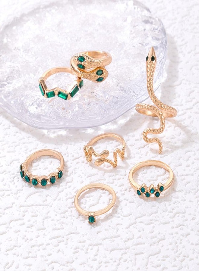 Chargances 7pcs Vintage Gold Snake Knuckle Rings Set Boho Green Rhinestone Finger Rings Stackable Gemstone Joint Rings for Women(Style 3) - Image 5