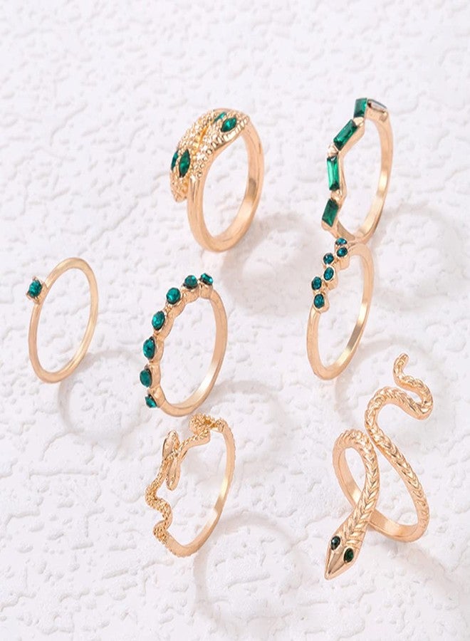Chargances 7pcs Vintage Gold Snake Knuckle Rings Set Boho Green Rhinestone Finger Rings Stackable Gemstone Joint Rings for Women(Style 3) - Image 3