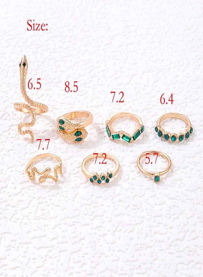 Chargances 7pcs Vintage Gold Snake Knuckle Rings Set Boho Green Rhinestone Finger Rings Stackable Gemstone Joint Rings for Women(Style 3) - Image 2