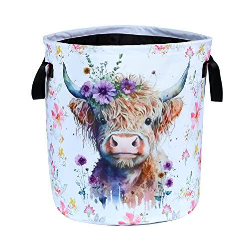 NUTAINLA Highland Cow Laundry Basket Foldable Waterproof Oxford Cloth Funny Tote Bag Laundry Hamper Clothes Storage Bucket Toy Organizer For Bathroom/Laundry Storage/Bedroom Storage Basket 17.7x13.7 Inch - Image 1
