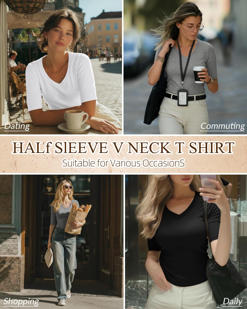 Ficerd 3 Pack Women's Half Sleeve V Neck T Shirts, Mid Elbow Length Sleeve Shirt Slim Fit Tunic Top Casual Summer Tee(Black, White, Light Gray,Small) - Image 2