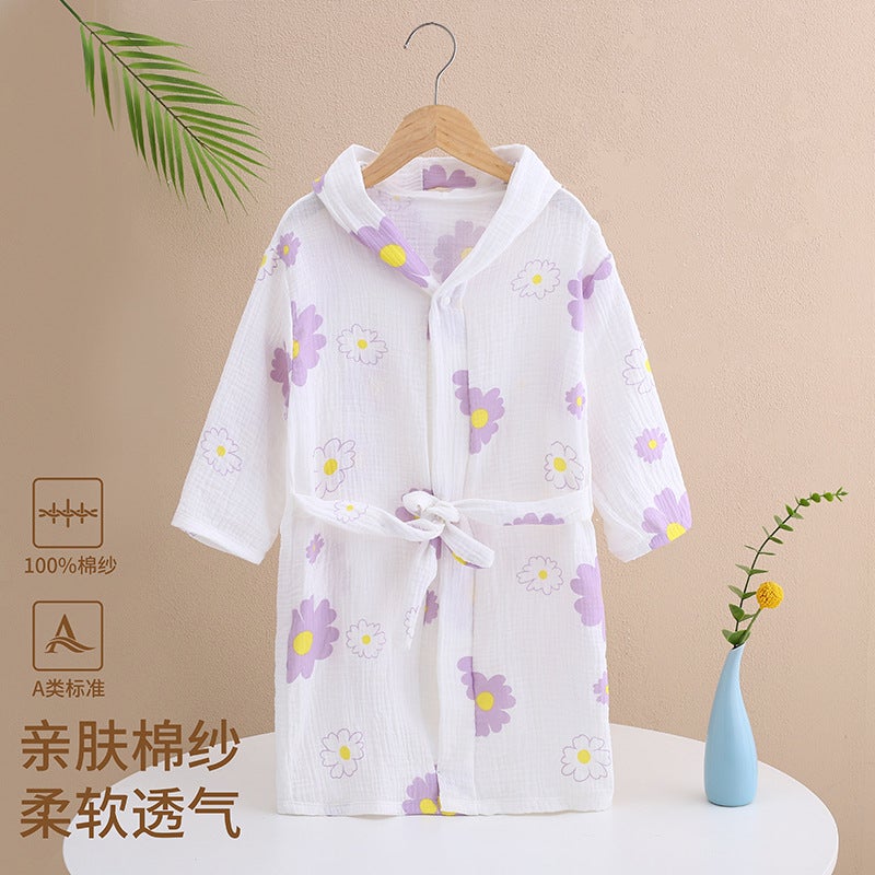 Children's 100% Cotton Gauze Hooded Bathrobe - Soft Absorbent Towel Robe for Swimming, Bathing & Home