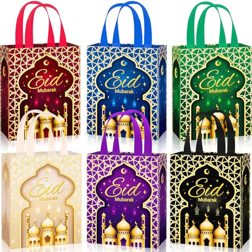 Clysee 36 Pcs Eid Mubarak Reusable Gift Bags with Handles Non Woven Ramadan Mubarak Gift Bags 6 Colors Eid Mubarak Treat Bags Gift Wrap Bags 10.2 x 8.3 x 3.9 Inch Reusable Tote Bags for Gifts - Image 1