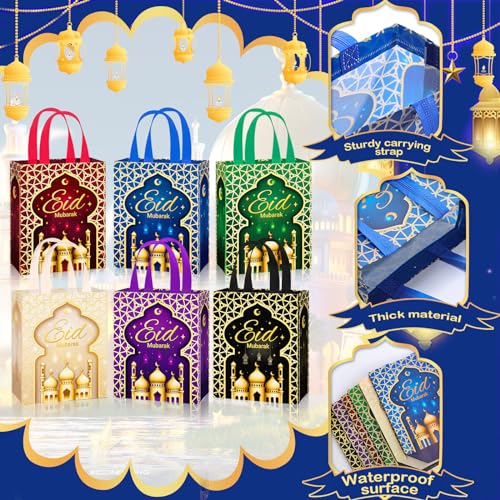 Clysee 36 Pcs Eid Mubarak Reusable Gift Bags with Handles Non Woven Ramadan Mubarak Gift Bags 6 Colors Eid Mubarak Treat Bags Gift Wrap Bags 10.2 x 8.3 x 3.9 Inch Reusable Tote Bags for Gifts - Image 3