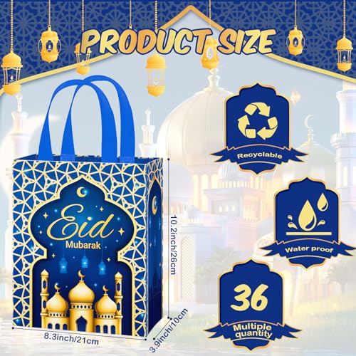 Clysee 36 Pcs Eid Mubarak Reusable Gift Bags with Handles Non Woven Ramadan Mubarak Gift Bags 6 Colors Eid Mubarak Treat Bags Gift Wrap Bags 10.2 x 8.3 x 3.9 Inch Reusable Tote Bags for Gifts - Image 2