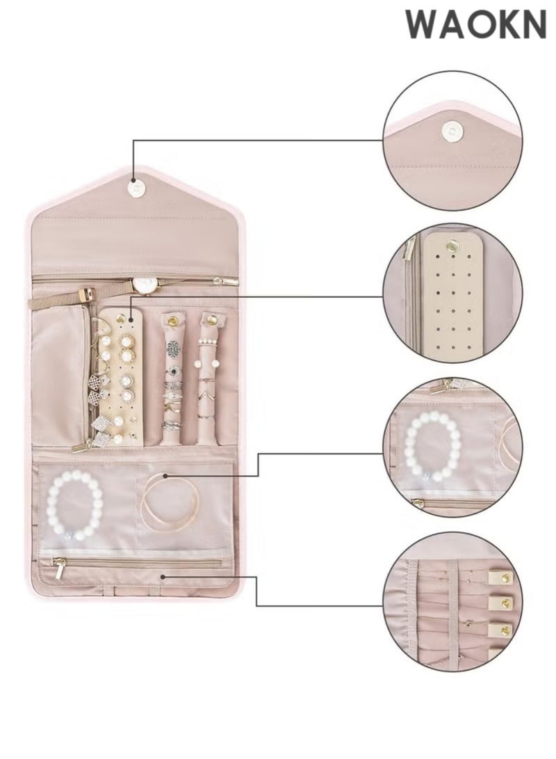 WAOKN Portable Jewelry Bag, Travel Jewelry Organizer, Fabric Jewelry Storage Pouch, Separate Compartments for Necklaces, Earrings, Bracelets, Rings, Foldable Easy Packing (pink) - Image 2