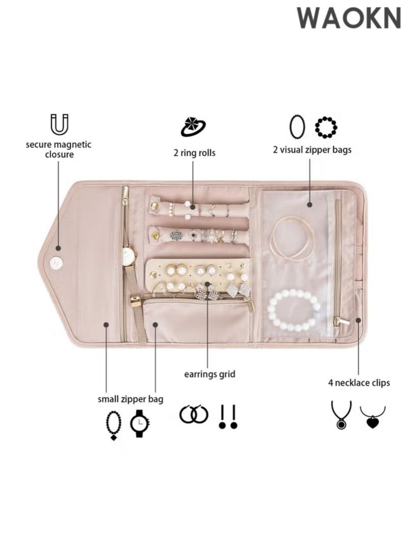 WAOKN Portable Jewelry Bag, Travel Jewelry Organizer, Fabric Jewelry Storage Pouch, Separate Compartments for Necklaces, Earrings, Bracelets, Rings, Foldable Easy Packing (pink) - Image 5