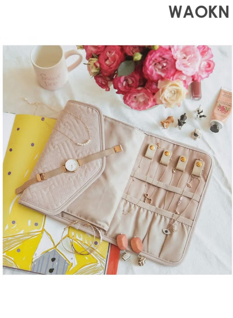 WAOKN Portable Jewelry Bag, Travel Jewelry Organizer, Fabric Jewelry Storage Pouch, Separate Compartments for Necklaces, Earrings, Bracelets, Rings, Foldable Easy Packing (pink) - Image 3