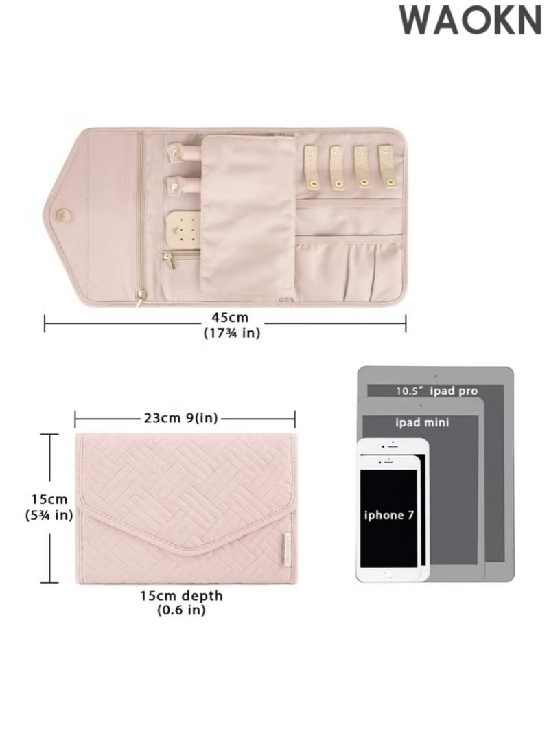 WAOKN Portable Jewelry Bag, Travel Jewelry Organizer, Fabric Jewelry Storage Pouch, Separate Compartments for Necklaces, Earrings, Bracelets, Rings, Foldable Easy Packing (pink) - Image 4