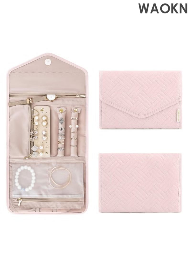 WAOKN Portable Jewelry Bag, Travel Jewelry Organizer, Fabric Jewelry Storage Pouch, Separate Compartments for Necklaces, Earrings, Bracelets, Rings, Foldable Easy Packing (pink) - Image 1